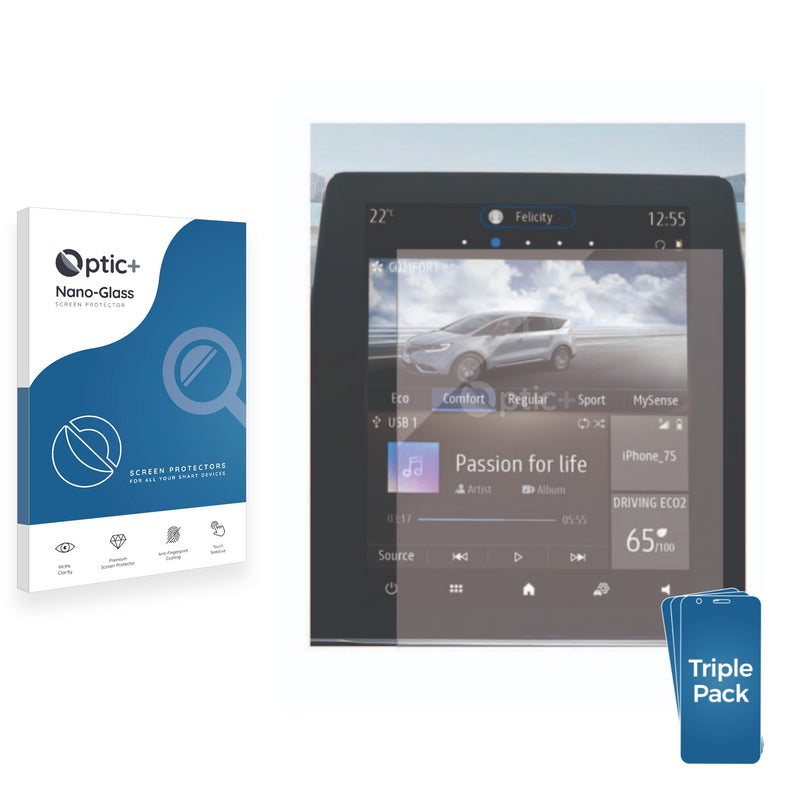 3pk Optic+ Nano Glass Screen Protectors for Renault Espace Easy Link 9.3
